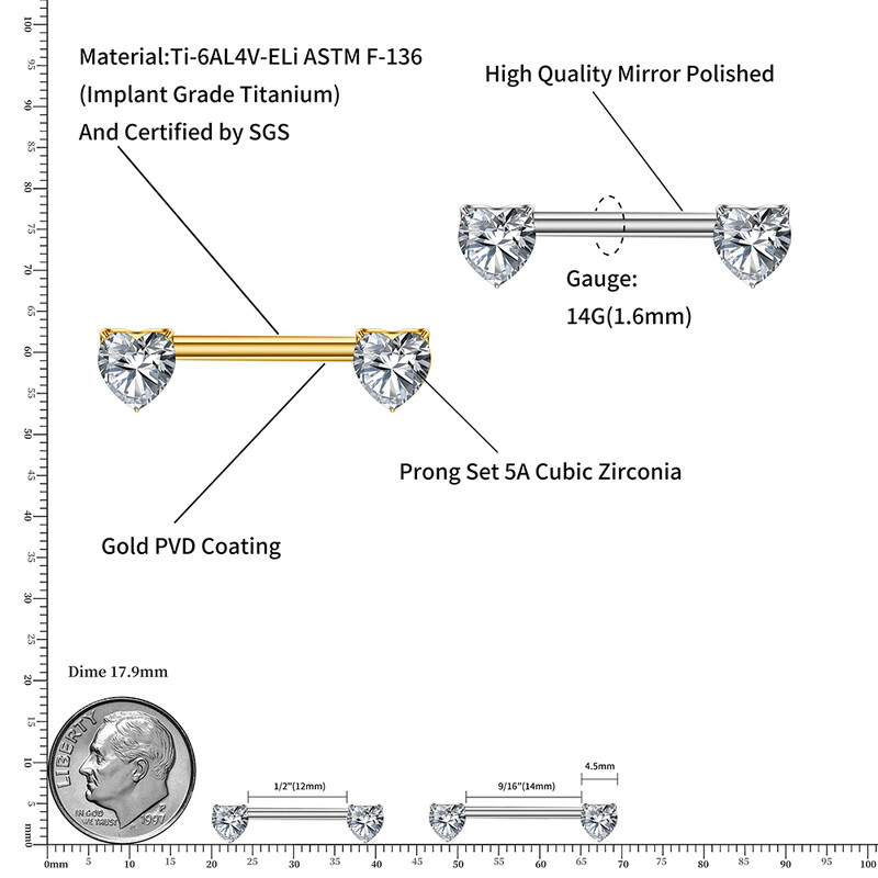 1 buc dreapta Grand ASTM F136 titan 14G inimă CZ inel pentru mamelon fără fir Push pin drept mamelon barbell piercing bijuterii pentru corp