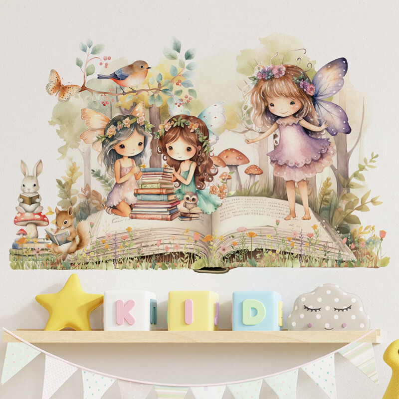 Aranyos tündér olvasó falmatrica kislányoknak bölcsődei gyerekszoba háttér fali dekoráció gyerekszoba falmatricák