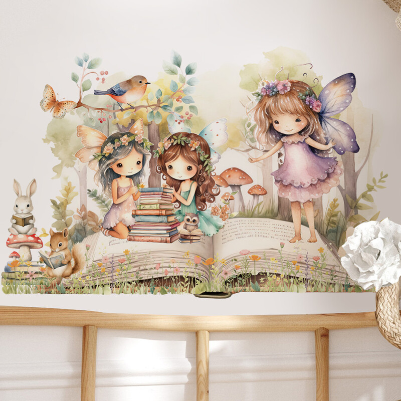 Aranyos tündér olvasó falmatrica kislányoknak bölcsődei gyerekszoba háttér fali dekoráció gyerekszoba falmatricák