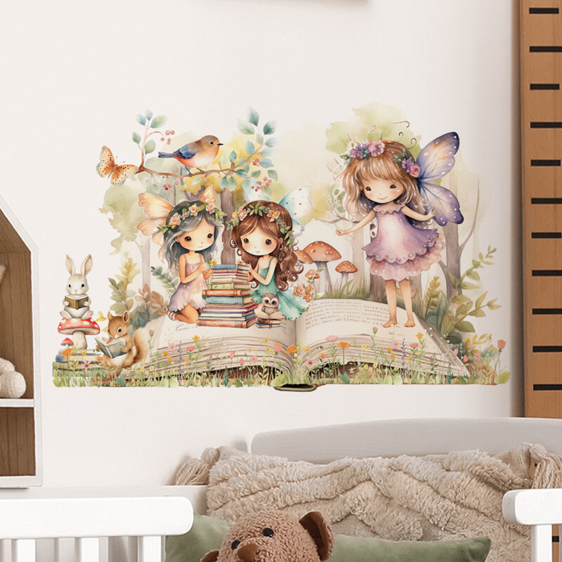 Aranyos tündér olvasó falmatrica kislányoknak bölcsődei gyerekszoba háttér fali dekoráció gyerekszoba falmatricák