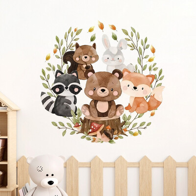 Анимационни горски животни Fox Bears Wreath LeavesBathroom Wall Stickers Самозалепващи стенописни стикери Стикери за декорация на дома