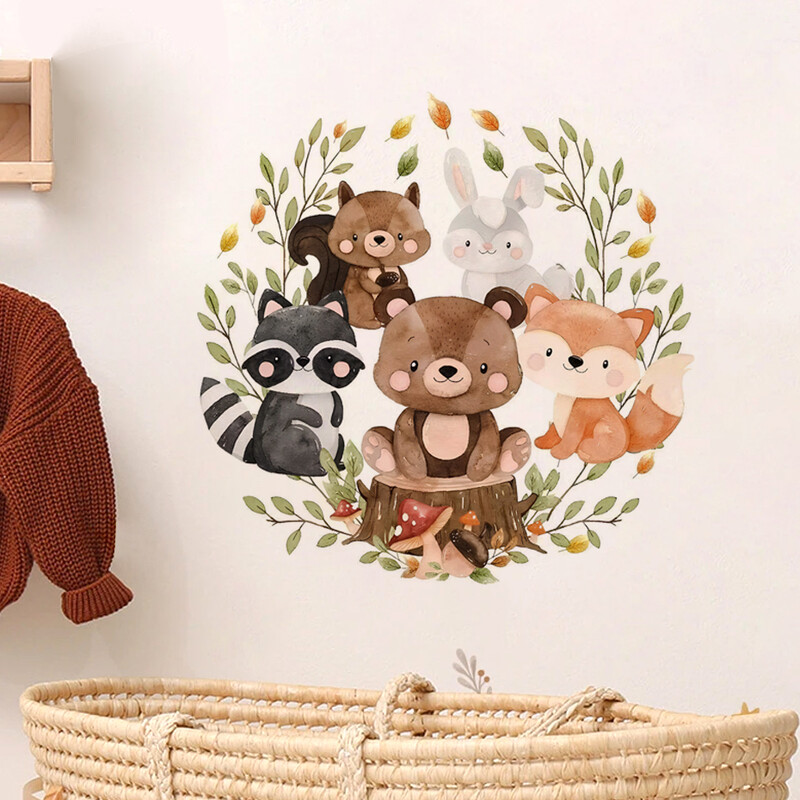 Karikatūra Meža dzīvnieki Lapsas Lāči Vainagu Lapas Vannas istabas sienas uzlīmes WC pašlīmējošās sienas gleznojuma uzlīmes Mājas dekorēšanas uzlīmes