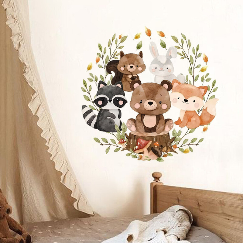 Karikatūra Meža dzīvnieki Lapsas Lāči Vainagu Lapas Vannas istabas sienas uzlīmes WC pašlīmējošās sienas gleznojuma uzlīmes Mājas dekorēšanas uzlīmes