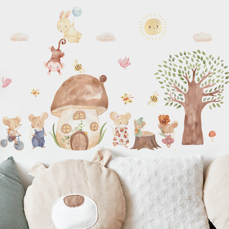 Rajzfilm Állatok fali matricák óvodai gyerekeknek Szobadekoráció Egér Nyúlfa falmatricák Otthoni dekoráció Művészi falfestmények Környezetbarát