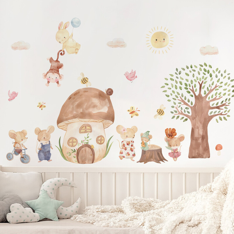 Rajzfilm Állatok fali matricák óvodai gyerekeknek Szobadekoráció Egér Nyúlfa falmatricák Otthoni dekoráció Művészi falfestmények Környezetbarát
