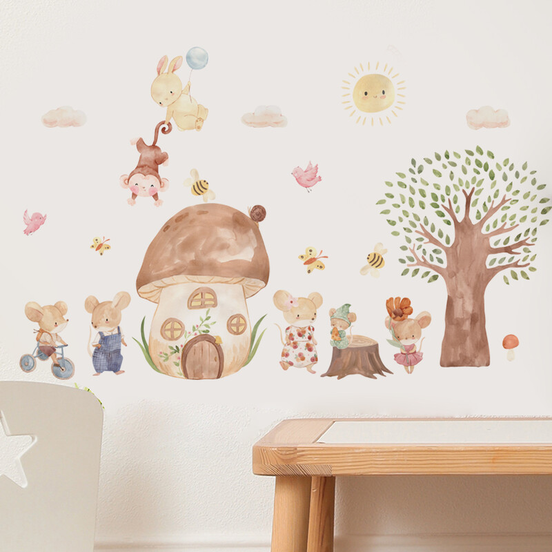 Rajzfilm Állatok fali matricák óvodai gyerekeknek Szobadekoráció Egér Nyúlfa falmatricák Otthoni dekoráció Művészi falfestmények Környezetbarát
