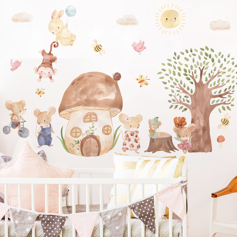Rajzfilm Állatok fali matricák óvodai gyerekeknek Szobadekoráció Egér Nyúlfa falmatricák Otthoni dekoráció Művészi falfestmények Környezetbarát