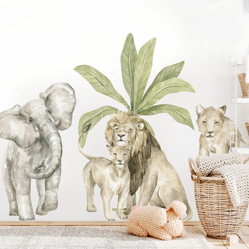 Boho akvarel veľký africký lev žirafa divé zvieratá tropický strom nástenné nálepky na stenu detská izba chlapčenská izba bytové dekorácie