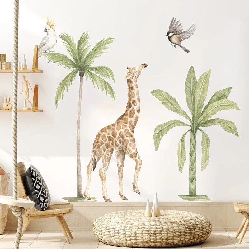 Boho akvarel veľký africký lev žirafa divé zvieratá tropický strom nástenné nálepky na stenu detská izba chlapčenská izba bytové dekorácie
