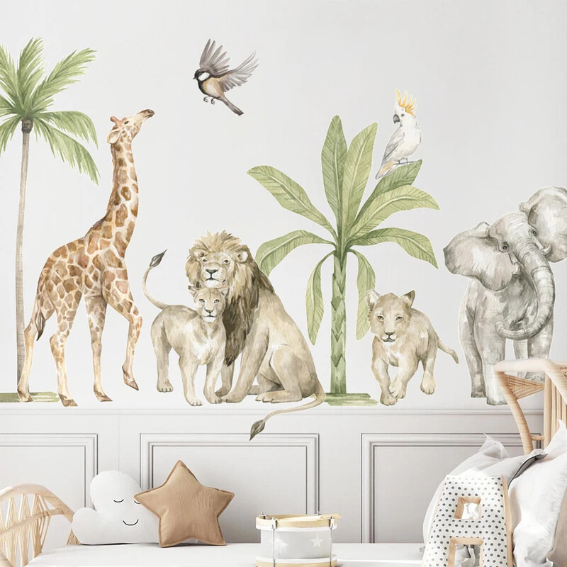 Boho akvarel veľký africký lev žirafa divé zvieratá tropický strom nástenné nálepky na stenu detská izba chlapčenská izba bytové dekorácie