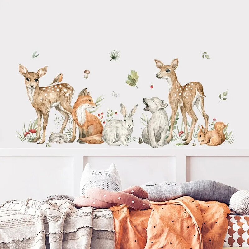 Akvarelová kreslená zvieracia ilustrácia, nálepka na stenu do detskej izby, odnímateľné nálepky na stenu, umelecká potlač, detská izba, interiérová dekorácia do domácnosti