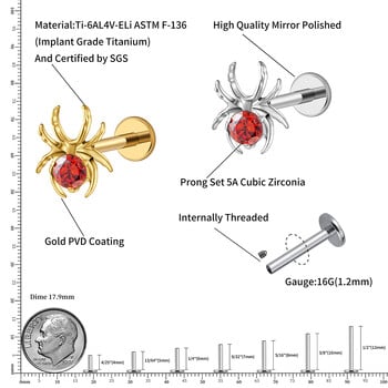 Right Grand ASTM F136 Titanium 16G CZ Паякова хрущялна обеца Животински паяк Helix Tragus Lobe Stud Хелоуин Бижута за пиърсинг