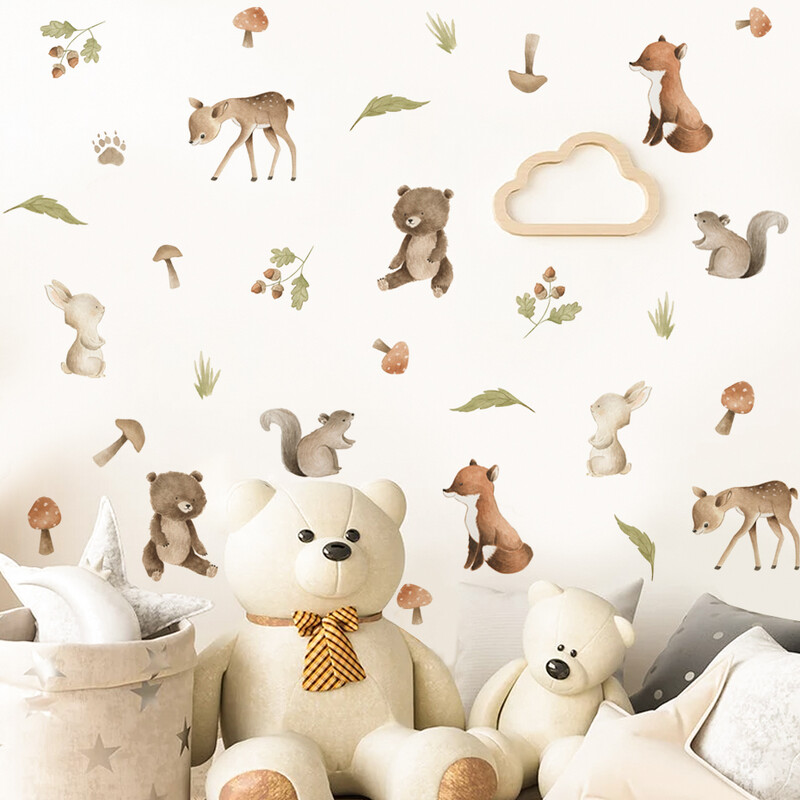 Akvarell erdei állatok medve szarvas levél fali matricák gyerekszoba hálószoba nappali lakberendezés falmatricák falfestmények