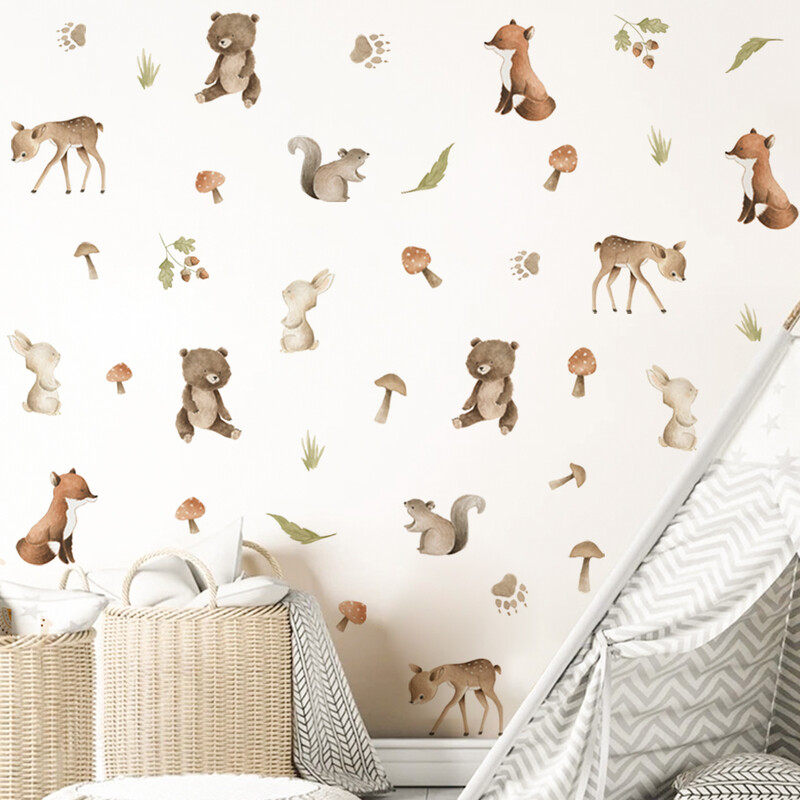 Akvarell erdei állatok medve szarvas levél fali matricák gyerekszoba hálószoba nappali lakberendezés falmatricák falfestmények