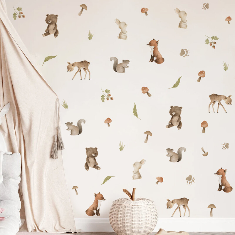 Akvarell erdei állatok medve szarvas levél fali matricák gyerekszoba hálószoba nappali lakberendezés falmatricák falfestmények