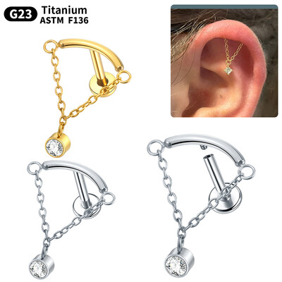 1PC ASTM F136 de calitate implant titan Helix ascunsă lanț delicat picătură CZ Labret cartilaj cercel cu spate plat Stud bijuterii sexy