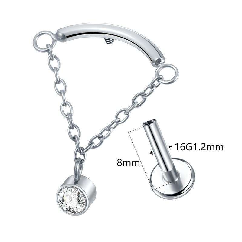 1 DB ASTM F136 implantátum minőségű titán rejtett spirál finom lánccsepp CZ Labret porcos fülbevaló lapos hátú, szexi ékszer