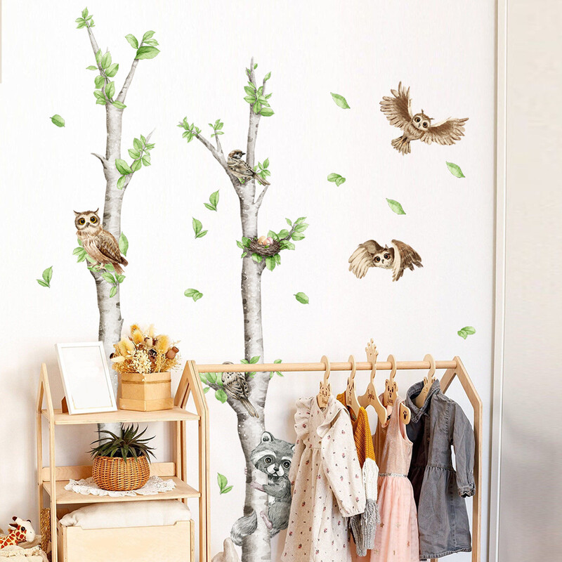 2db Rajzfilm fehér nyír kis mosómedve bagoly fali matrica gyerekszoba lakberendezési falfestmény falmatrica tapéták Atw6103