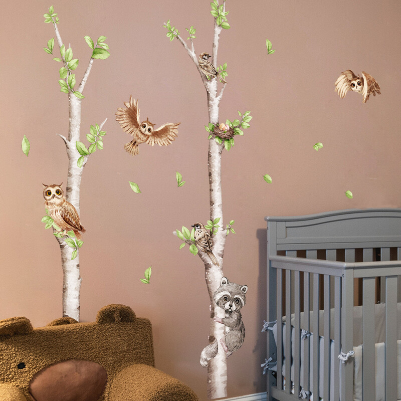 2db Rajzfilm fehér nyír kis mosómedve bagoly fali matrica gyerekszoba lakberendezési falfestmény falmatrica tapéták Atw6103