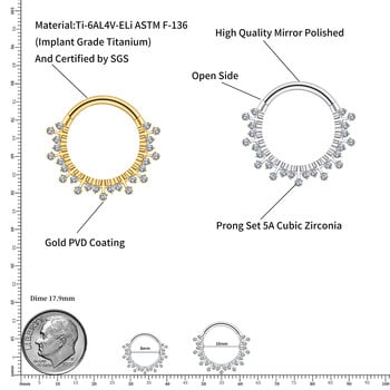 Right Grand ASTM F136 Titanium 16G CZ Hinged Clicker Segment Hoop Ring Sunburst CZ Daith Earring Septem Нос Пиърсинг Бижута