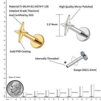 Right Grand ASTM F136 Titanium 16G Четири заострена звезда Обеца за хрущял Helix Tragus Stud Flatback Labret Nose Stud Piercing