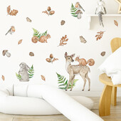 Autocolante de perete cu desene animate în acuarelă desenate manual cu animale din junglă Safari verdeață pentru decorarea camerei de zi pentru creșă