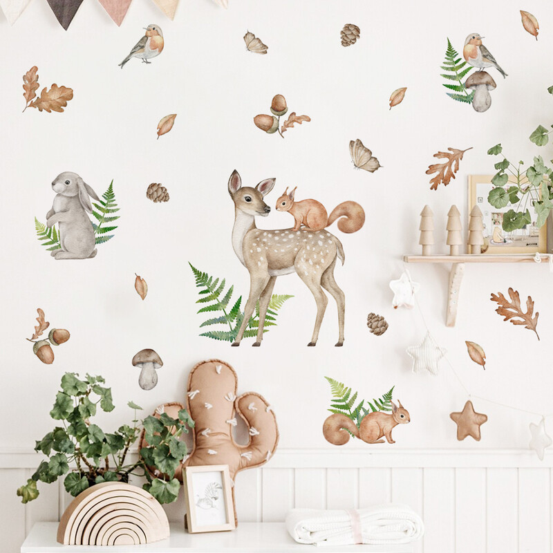 Autocolante de perete cu desene animate în acuarelă desenate manual cu animale din junglă Safari verdeață pentru decorarea camerei de zi pentru creșă