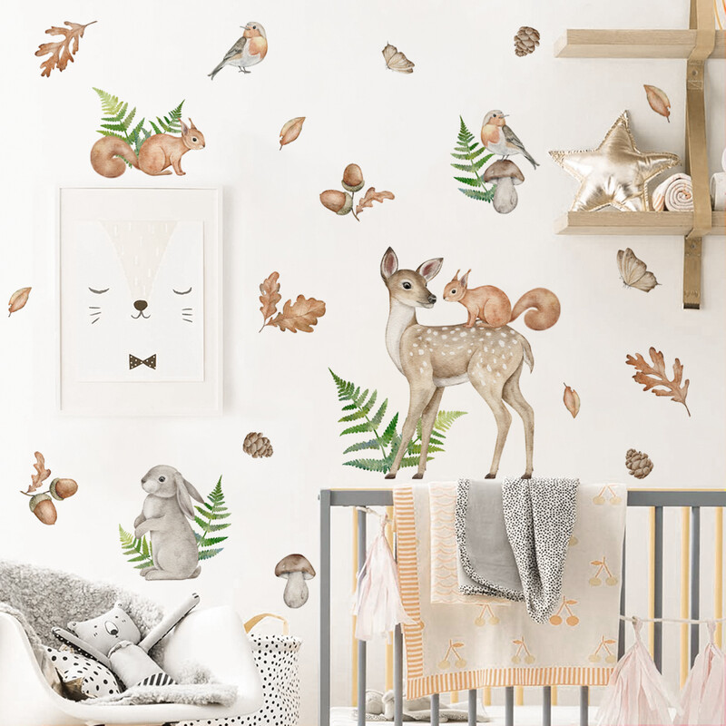 Autocolante de perete cu desene animate în acuarelă desenate manual cu animale din junglă Safari verdeață pentru decorarea camerei de zi pentru creșă