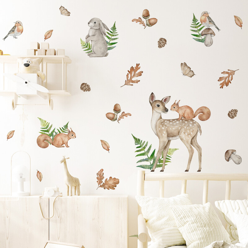 Autocolante de perete cu desene animate în acuarelă desenate manual cu animale din junglă Safari verdeață pentru decorarea camerei de zi pentru creșă