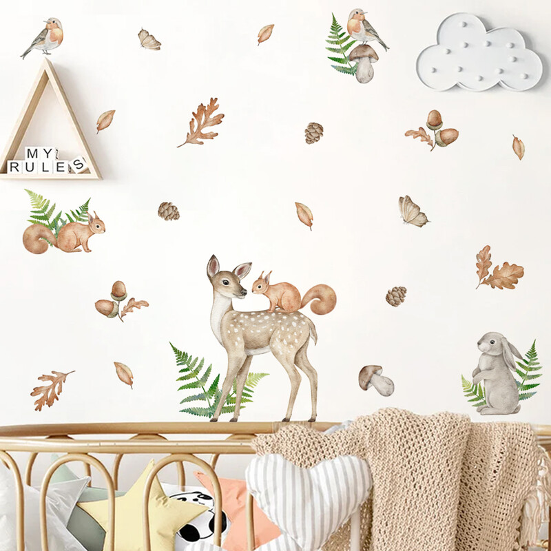 Autocolante de perete cu desene animate în acuarelă desenate manual cu animale din junglă Safari verdeață pentru decorarea camerei de zi pentru creșă