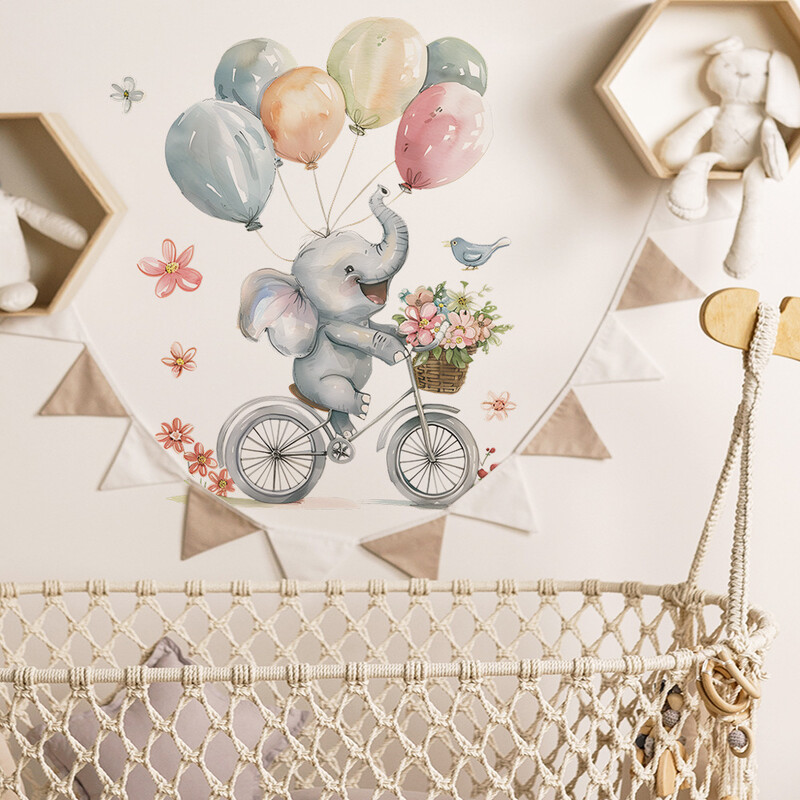 Elefánt Léggömb Virág Gyermek matrica Tapéta Falmatricák Kislány Fiú Bölcsőde Hálószoba Gyerekszoba Dekoráció