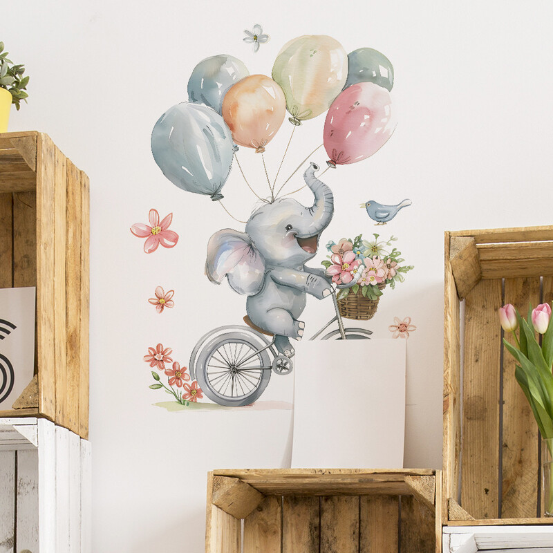 Elefánt Léggömb Virág Gyermek matrica Tapéta Falmatricák Kislány Fiú Bölcsőde Hálószoba Gyerekszoba Dekoráció