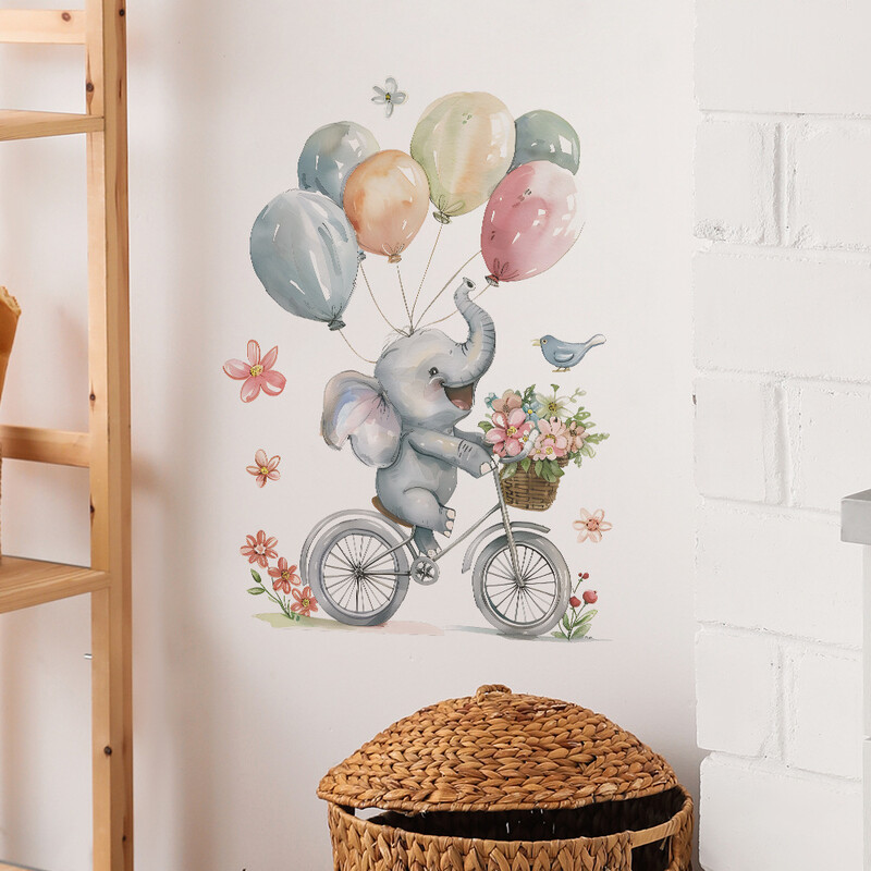 Elefánt Léggömb Virág Gyermek matrica Tapéta Falmatricák Kislány Fiú Bölcsőde Hálószoba Gyerekszoba Dekoráció