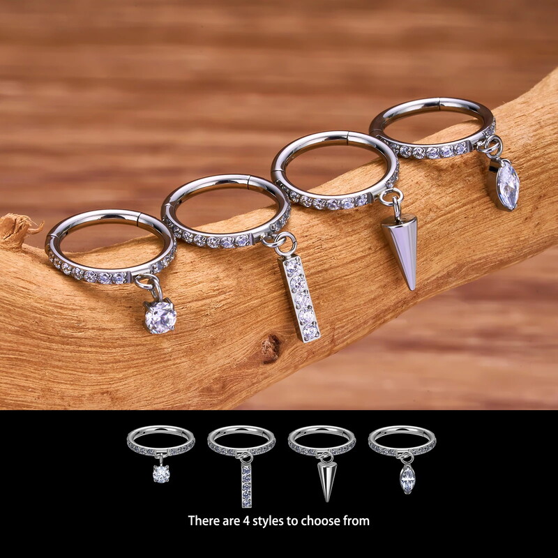 G23 Inel de titan pentru nas ASTM F136 Cercei de picătură 16G Dublu CZ Floating Dangle Tragus Helix Cartilage Labret Lip Hoop Inel
