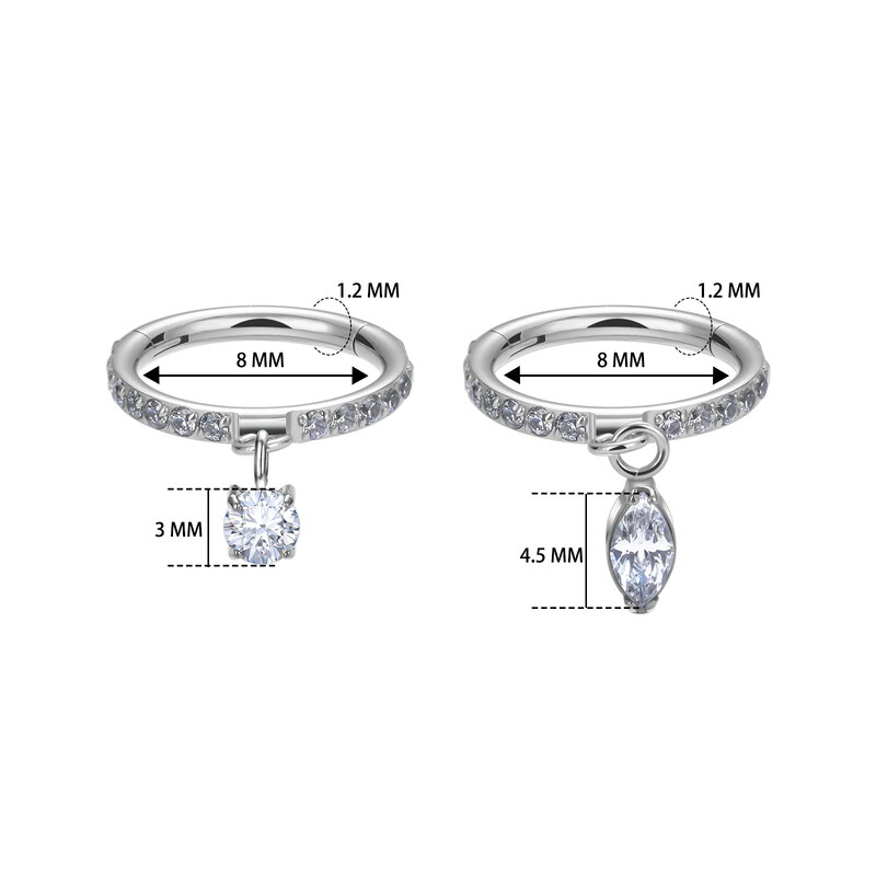 G23 Inel de titan pentru nas ASTM F136 Cercei de picătură 16G Dublu CZ Floating Dangle Tragus Helix Cartilage Labret Lip Hoop Inel