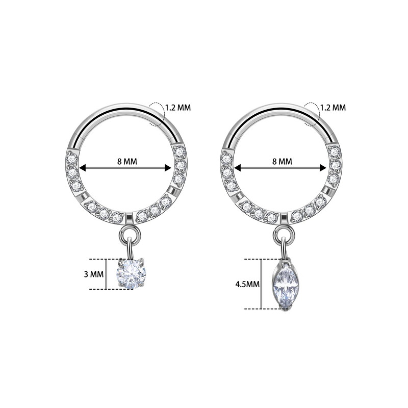 G23 Inel de titan pentru nas ASTM F136 Cercei de picătură 16G Dublu CZ Floating Dangle Tragus Helix Cartilage Labret Lip Hoop Inel
