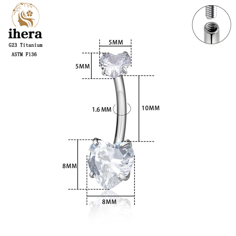 Piercing do pupka v tvare srdca z titánu ASTM F136 G23 pre ženy, 14G CZ, sexi šperky do tela