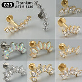 1ks náušnice zo zirkónu a opálu G23, masívne titánové náušnice s vnútorným závitom 16G, piercing do tragusu ucha s klastrom helix.
