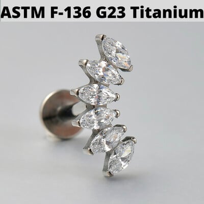 1ks náušnice zo zirkónu a opálu G23, masívne titánové náušnice s vnútorným závitom 16G, piercing do tragusu ucha s klastrom helix.