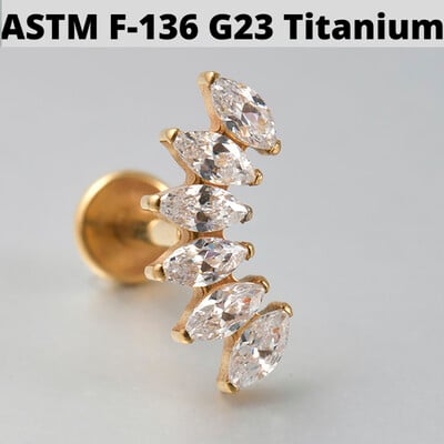 1ks náušnice zo zirkónu a opálu G23, masívne titánové náušnice s vnútorným závitom 16G, piercing do tragusu ucha s klastrom helix.