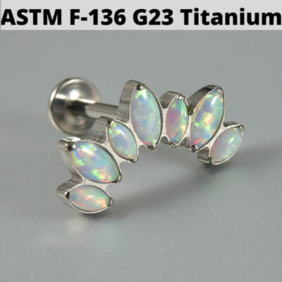 1ks náušnice zo zirkónu a opálu G23, masívne titánové náušnice s vnútorným závitom 16G, piercing do tragusu ucha s klastrom helix.