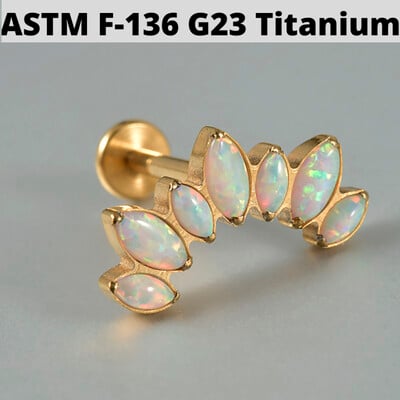 1ks náušnice zo zirkónu a opálu G23, masívne titánové náušnice s vnútorným závitom 16G, piercing do tragusu ucha s klastrom helix.