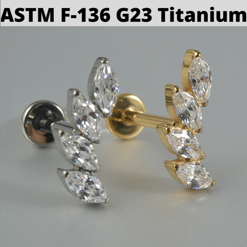 1ks náušnice zo zirkónu a opálu G23, masívne titánové náušnice s vnútorným závitom 16G, piercing do tragusu ucha s klastrom helix.