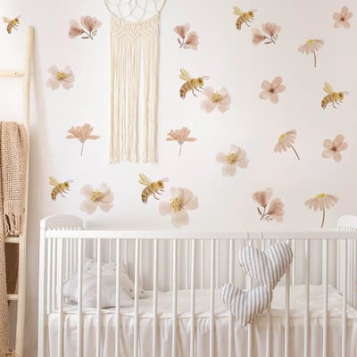 Boho Bee Flower Акварелен стикер за стена Детска детска стая Винил Wall Art Decal Peel and Stick Baby Детска стая Декорация на дома