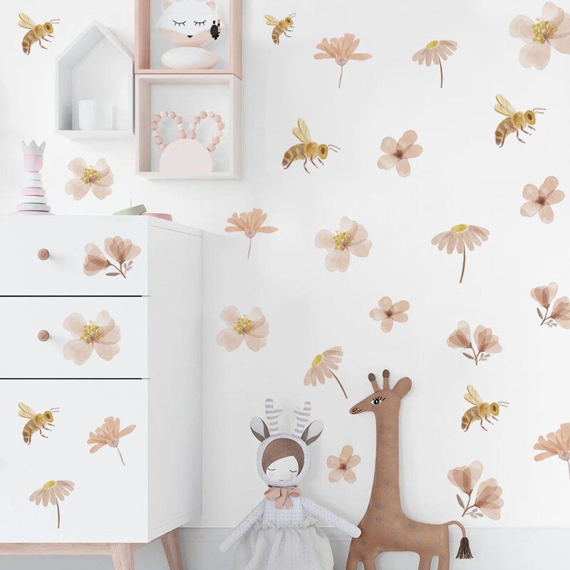 Boho Bee Flower Акварелен стикер за стена Детска детска стая Винил Wall Art Decal Peel and Stick Baby Детска стая Декорация на дома