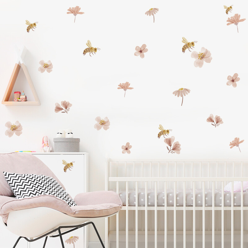 Boho Bee Flower Акварелен стикер за стена Детска детска стая Винил Wall Art Decal Peel and Stick Baby Детска стая Декорация на дома