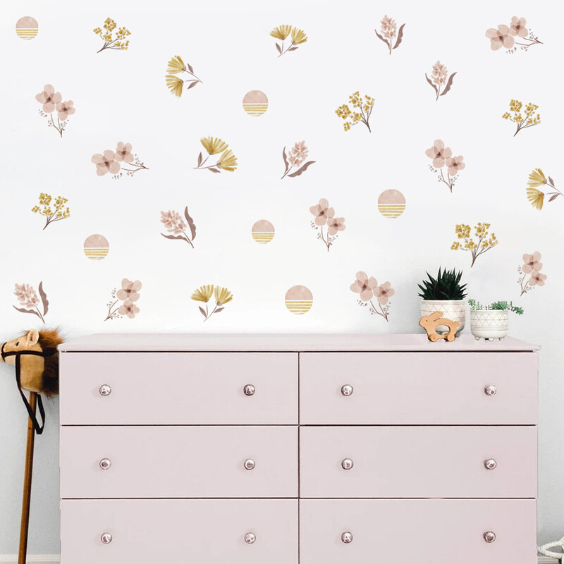 Boho Bee Flower Акварелен стикер за стена Детска детска стая Винил Wall Art Decal Peel and Stick Baby Детска стая Декорация на дома