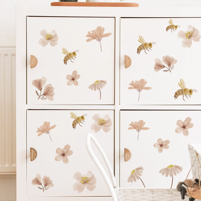 Boho Bee Flower Акварелен стикер за стена Детска детска стая Винил Wall Art Decal Peel and Stick Baby Детска стая Декорация на дома