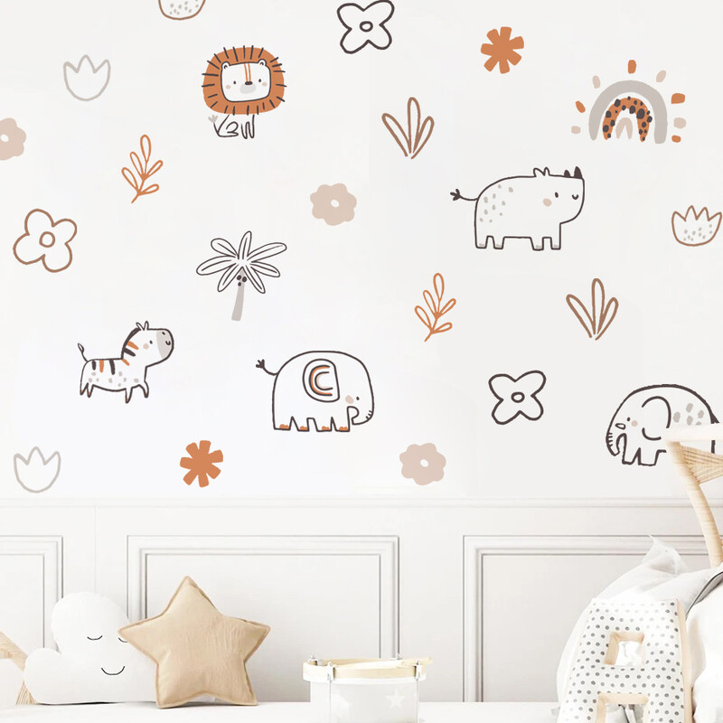 Boho Cartoon Lion Elephant Сладки животински лица Акварелни стикери за детска стая Стикери за стена Art Print Kids Boys Girls Home Decor