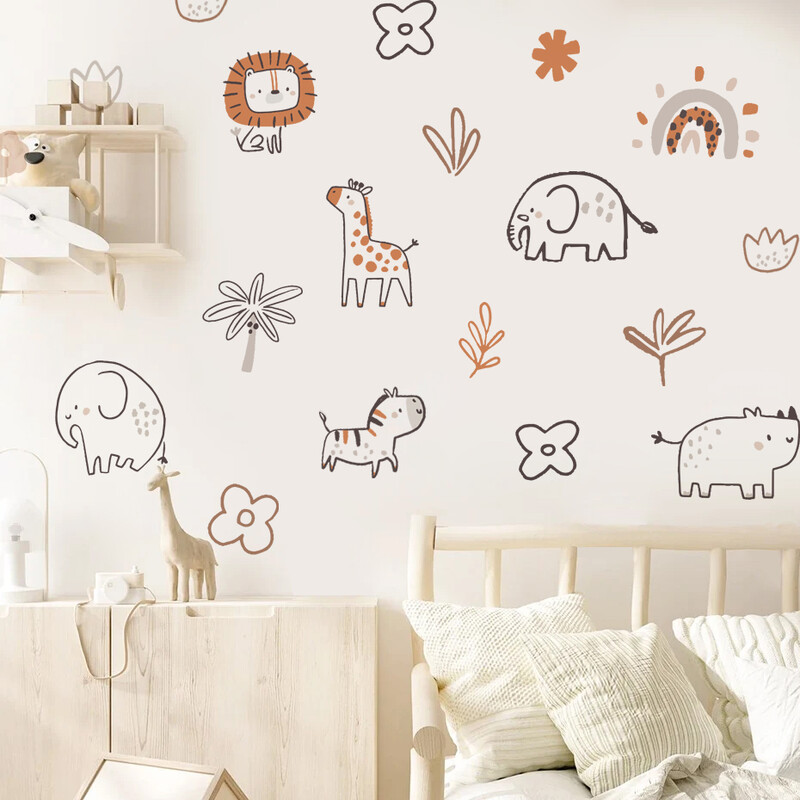 Boho Cartoon Lion Elephant Сладки животински лица Акварелни стикери за детска стая Стикери за стена Art Print Kids Boys Girls Home Decor